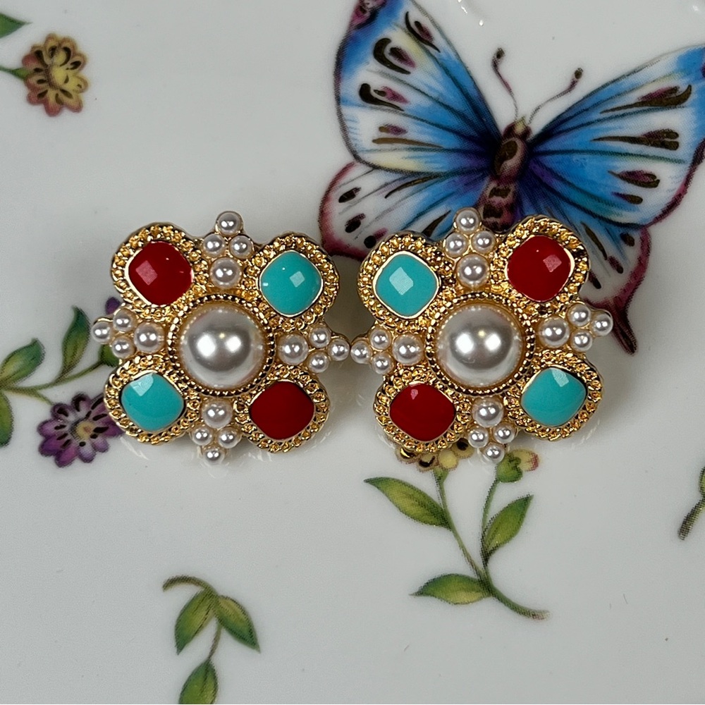 Elegant Gold and Red Floral Earrings
